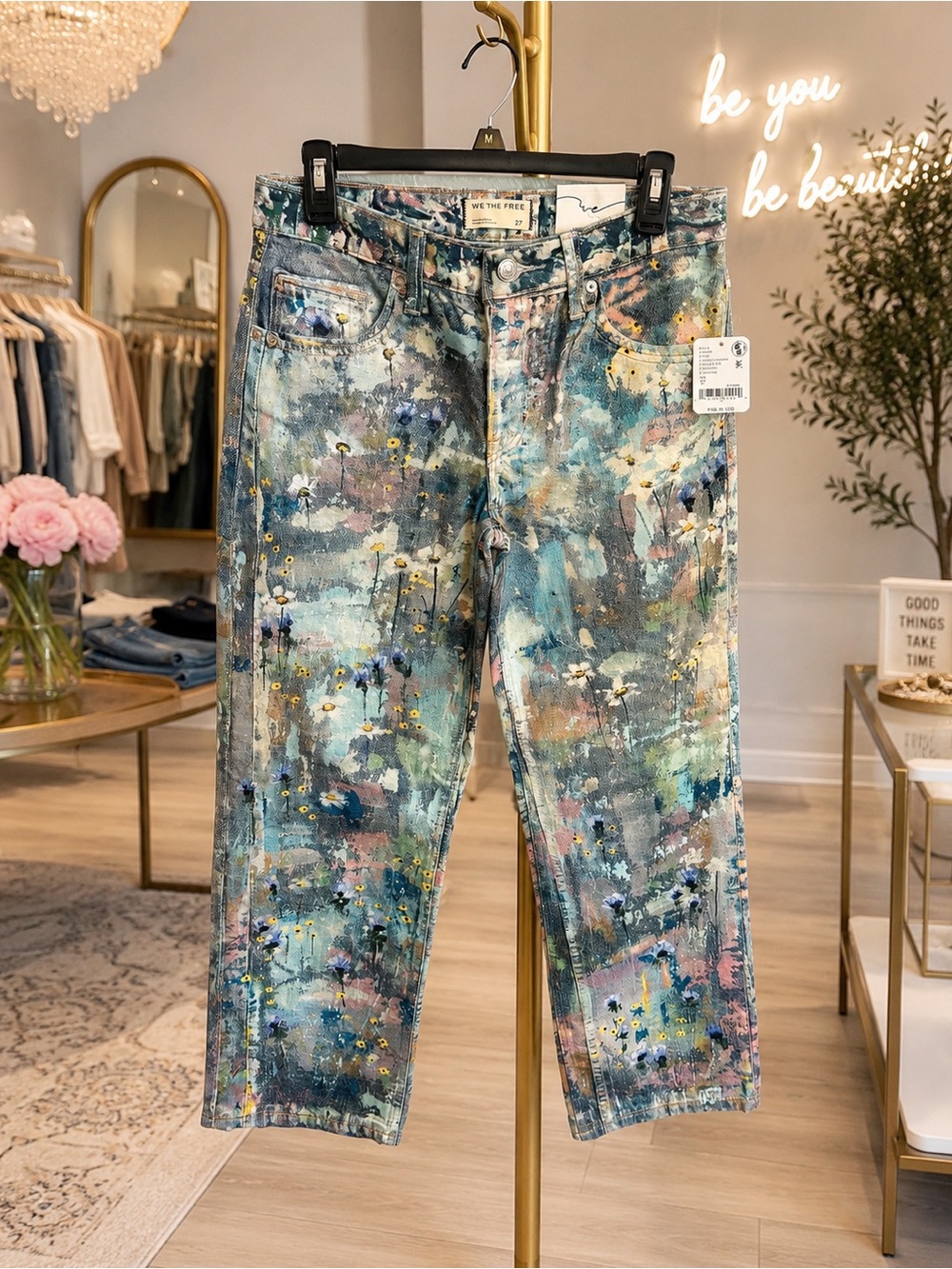 Free People We The Free Tennessee Low-Rise Illusions Floral Canvas Jeans NWT 27